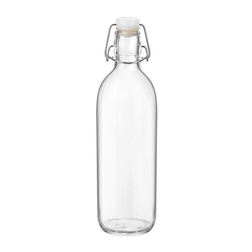 Die transparente Emilia-Flasche mit Metallverschluss und einem Fassungsvermögen von 1 Liter ist sowohl für den Druck als auch für die Gravur geeignet